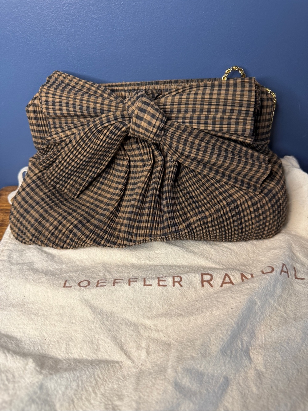 Loeffler Randall Tan and Black Gingham Bow Clutch with Chain